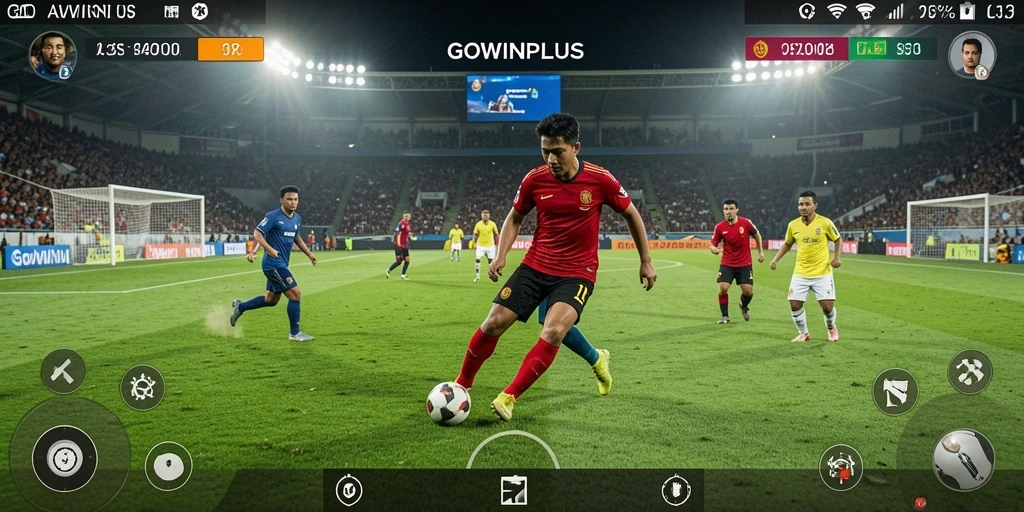 Screenshot GOWINPLUS menunjukkan aksi sepak bola yang mendebarkan.